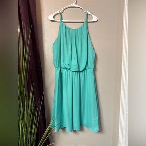 #739 TACERA teal halter sheath dress size large